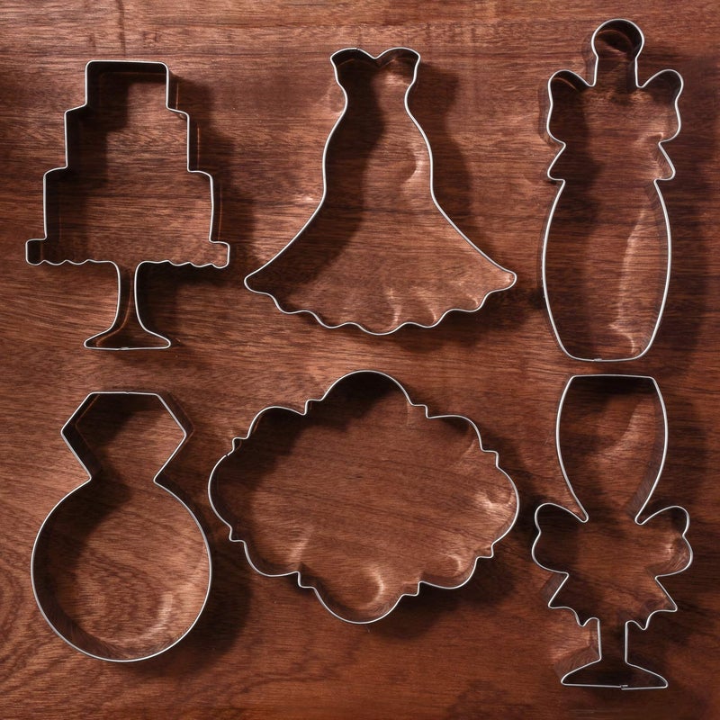 LILIAO Wedding Cookie Cutter Set for Anniversary/Bridal/Engagement - 6 Piece - Diamond Ring, Wedding Dress, Cake, Plaque, Champagne with Ribbon and Champagne Glass with Ribbon - Stainless Steel - Image 4